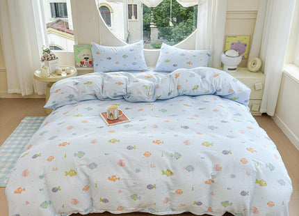 HighBuy Children Muslin Cotton Duvet Cover Queen Ocean Fish Printing Blue Bedding Duvet Cover Set 3 Piece for Kids Boys Teens Gauze Yarn-Dyed Comforter Cover Queen with 2 Pillow Shams