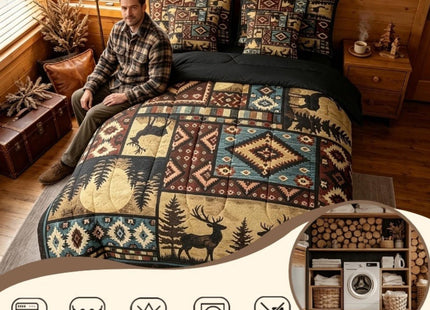 Erosebridal Rustic Bear 7 Piece Comforter Set Queen Bed in a Bag,Buffalo Plaid Grid Bedding,Hunting Deer Farmhouse Cabin Decor Quilt,Retro Southwest Aztec Bed Set,Tribal Sheets,Brown Red
