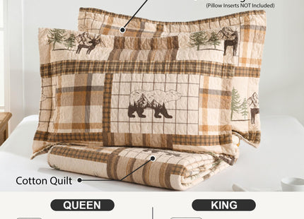 100% Cotton Rustic Cabin Bear Moose Quilt Set, Neutral Brown, Queen 90"x98"