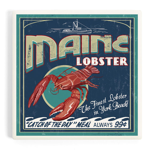 Lantern Press York Beach, Maine, Lobster Vintage Sign (Absorbent Ceramic Coaster, Single, Cork Back, Kitchen Table Decor)