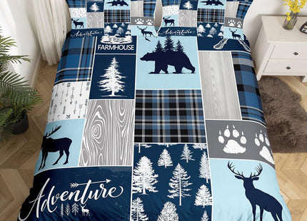 Hunting Bear Deer Comforter Cover, Buffalo Plaid Duvet Cover Twin Size Rustic Cabin Patchwork Bedding Set For Kids Boys Teens Adult, Farmhouse Cowboy Woodland Bed Set With 1 Pillow Case, Blue Grey