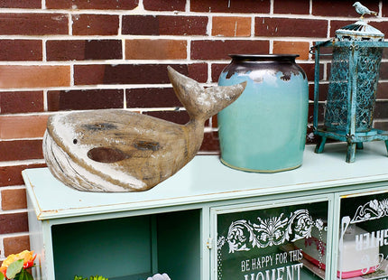 Wood Whale Statue Beach Table Decor for Home Hand Carved Wood Sculpture