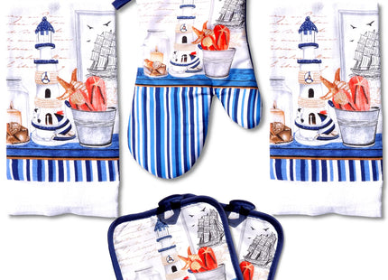 Lobyn Value Packs Nautical Lighthouse 5 Piece Kitchen Towel Set with 2 Decorative Dish Towels (25 X15), 1 Oven Mitt (11 X 7) and 2 Potholders (6.5 X 6.5) Coastal Blue Kitchen Accessories