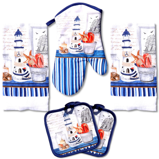 Lobyn Value Packs Nautical Lighthouse 5 Piece Kitchen Towel Set with 2 Decorative Dish Towels (25 X15), 1 Oven Mitt (11 X 7) and 2 Potholders (6.5 X 6.5) Coastal Blue Kitchen Accessories