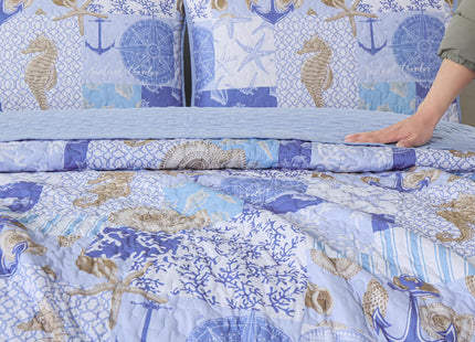 Xruibed Coastal Quilt Set Queen Size, Blue Nautical Beach Quilt Set, Reversible Lightweight Patchwork Bedspread with 2 Pillowshams Soft Microfiber Bedding Set for All Season 90"x96"