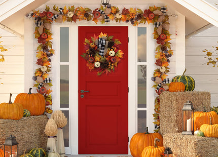 Adeeing 6 Ft Thanksgiving Fall Garland Decor, Artificial Autumn Garlands with Pumpkins, Maple Leaves, Ribbon and Pine Cone for Indoor Outdoor Fireplace Window Home Decoration