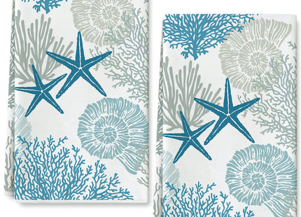 AnyDesign Ocean Theme Kitchen Dish Towel Beach Seashell Coral Starfish Hand Dying Towel Sea Creature Tea Towels for Cooking Baking Kitchen Accessories, Set of 2, 18 x 28 Inch