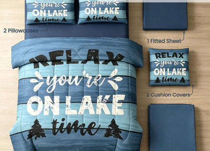 Feelyou Kids Lake House Comforter Set with Sheets, Pillowcases & Cushion Cover - Twin Size Fishing Camping House 7 Piece Farmhouse Bedding Set