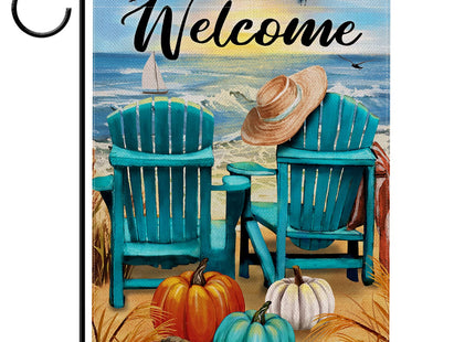 Hzppyz Welcome Fall Sea Pumpkin Garden Flag Double Sided, Autumn Beach Ocean Chairs Coastal Decorative Yard Outdoor Home Small Decor, Seagull Sailboat Nautical Outside House Decoration 12 x 18
