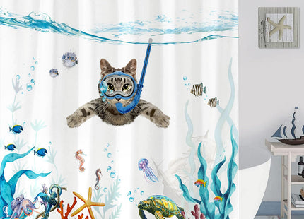 Fowocu Funny Cat Shower Curtain Set Teal Blue Sea Ocean Waterproof Fabric Shower Curtains with Animal Octopus Starfish Turtle Anchor Fish Nautical Bathroom Decor (Blue, 72''×72'')