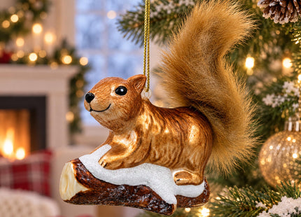 Squirrel on Snowy Branch Glass Christmas Ornament
