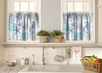 Coastal Kitchen Curtains and Valances Set Summer Beach Blue Teal Coral Kitchen Window Curtains Tier and Valance Curtain Set for Bedroom Living Room 54x18 & 27x24x2, 3 Panel, Ocean Animal -8