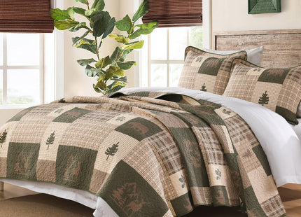 SahSahCasa 100% Cotton Quilt Set Queen Size, Farmhouse Reversible Rustic Lodge Cabin Quilt Bedspread Bedding Set, Lightweight Comforter for Queen Bed, 3pcs, Beige/Grayish Green/Brown