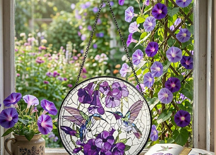 Hummingbird Stained Glass Suncatcher,7.8 inch Hummingbird with Ipomoea Flowers Suncatchers for Window Hanging Bird Suncatcher for Garden Home Decor Hummingbird Gifts for Women Mom Bird Lovers