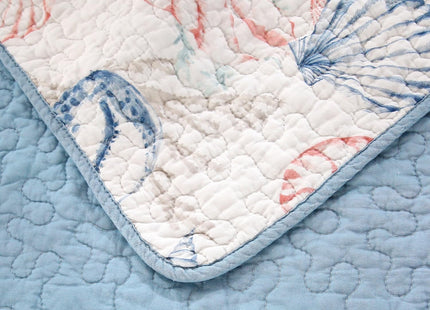 SUCSES 100% Cotton Coastal Quilts Bedding 3Pcs King Ocean Blue Quilt Nautical Conch Summer Comforter Reversible Lightweight Bedspread Coverlet with 2 Pillow Shams for All Season