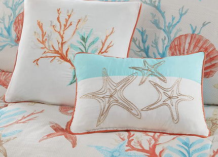 Island Living Coral & Teal Seashells, Starfish, Beach Queen Comforter Set (7 Piece Bed in A Bag)