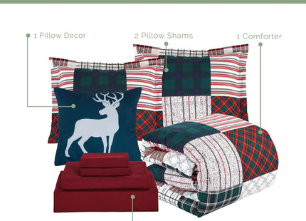 Elegant Comfort 8-Piece Cabin Lodge Patch Reversible Comforter Set - All Season Bed in a Bag, 4-Piece Sheet Set Featuring Smart Pockets, Matching Shams and Decorative Pillow, Full/Queen, Burgundy
