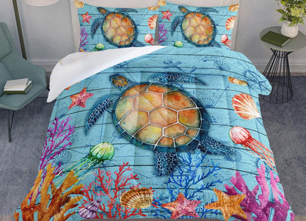 Datura Home Sea Turtle Ocean Beach Comforter Set - Printed Pattern Bedding With 1 Comforter and 2 Pillowcases for Boys Bedroom All Season (Twin)