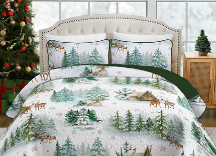 Dobuyly Christmas Quilt Set Queen Size, Forest Green Pine Cabin Bedspreads