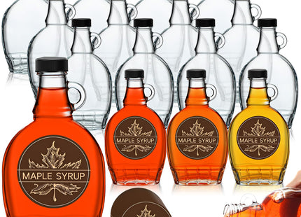 FoldTier 12 Pcs 8 oz Glass Maple Syrup Bottles Clear Reusable Glass Bottles with Lids Loop Handle and Maple Syrup Stickers Jars Container for Milk Potion Juice Sauce Oil Storage Gift(Stylish)