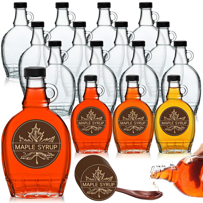 FoldTier 12 Pcs 8 oz Glass Maple Syrup Bottles Clear Reusable Glass Bottles with Lids Loop Handle and Maple Syrup Stickers Jars Container for Milk Potion Juice Sauce Oil Storage Gift(Stylish)