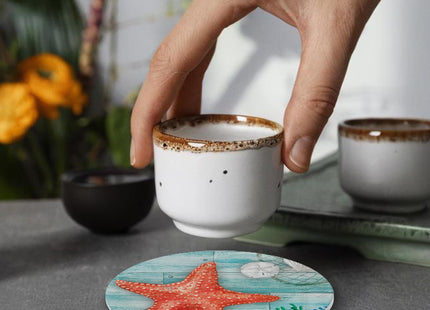 Beach Coasters Set of 4, Beach Coastal Ocean Starfish Seashell Ceramic Drink Coaster Cup Mat with Cork Back for Table Decor
