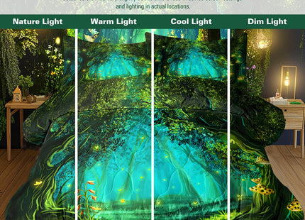 SOULZZZ Forest Comforter Set Queen Size Premium Microfiber Green Forest Mushroom Butterfly Flower Pattern Comforter 3 Piece Aesthetic Green Bedding Set with 2 Pillow Shams