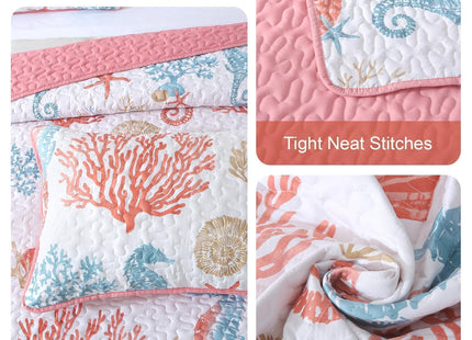 Heymybed Coastal Quilt Set Queen Size, 3 Pieces Pink Bedspread Coverlet with 2 Pillow Shams, Soft Microfiber Reversible Summer Beach Quilt Bedding Set for All Season 96"×90"