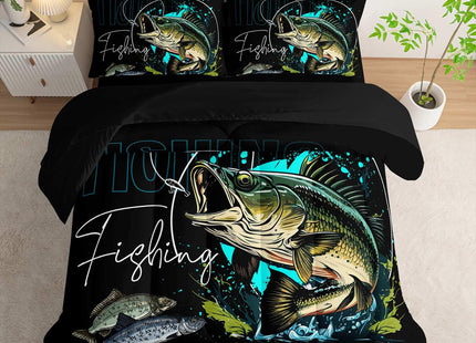 Nttopship Big Pike Fish Bedding Queen Size，Hunting and Fishing Bedding Set 7 Piece in A Bag, Fishing Brown Green Comforter Set Brown Green Bedding Set Themed Comforter Set for Kids Boys Room Decor