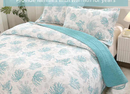 SUCSES 100% Cotton Coastal Quilts 3 Pieces Queen Lightweight Comfortable Quilt Turquoise Ocean Coral Bedspread Coverlet with 2 Shams for Beach Themed Dedroom All Season