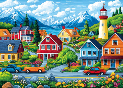 1000 Piece Jigsaw Puzzle for Adults, Coastal Village Scene with Lighthouse and Mountain View, Stress Relief & Family Bonding Game, 27.56x19.69 Inches Home Decor
