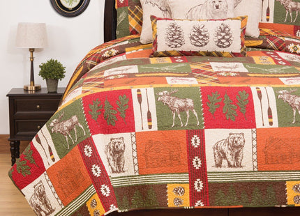 C&F Home Keaton Forest Lodge Cabin Woods Bear Elk Moose King 3 Piece Quilt Set 100% Cotton Lightweight Machine Washable Reversible Bedspread Coverlet King 3 Piece Set Green