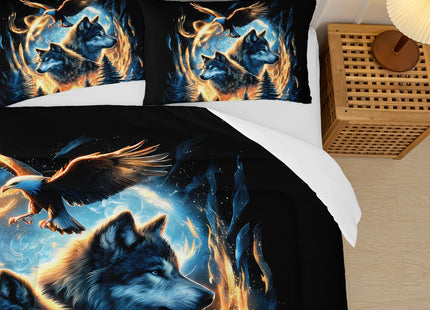 lneffble Moon Wolf Comforter Set Twin for Teen Boys Girls,Howling Wolves Comforter Forest Eagle Bed Set,Wild Animals Bedding Set for Kids Bedroom Decor,All Seasons