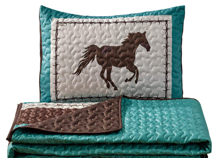 WPM WORLD PRODUCTS MART Western Teal/Beige/Brown Horseshoe, Horse, Barb Wire Cowboy Print Queen Size Bedspread 3 Piece Southwestern Cabin Lodge Design Coverlet Quilt Set- JENA (Queen)