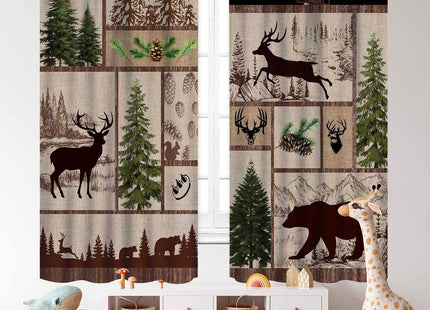 Lnepty Cabin Retro Curtains,Rustic Lodge Bear Deer Country Hunting Wild Animal Plaid Check Adventure Farmhouse Window Treatments for Bedroom Living Room Kitchen Drapes 21" W x 45" L,2 Panel Set