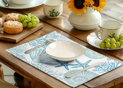 Nautical Coastal Blue Placemats Set of 4 Summer Teal Turquoise Beach Theme Linen Table Mats Ocean Coral Seashell Starfish Decorative Place Mats for Party Kitchen Dining Outdoor Indoor Decor