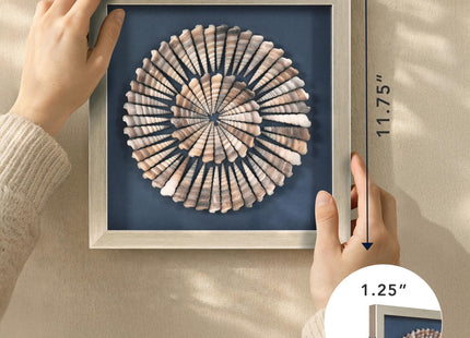 American Art Decor Seashell Shadowbox Set - 2-pc Natural Cone Shell Wall Art, Champagne Frame on Blue Linen - Coastal Wall Decor for Living Room, Bedroom, Bathroom, Office