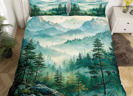 Erosebridal Green Forest Duvet Cover Queen Woodland Mountain Bedding Set Watercolor Pine Tree Comforter Cover for Kids Teen Adults,Nature Aesthetics Bed Set