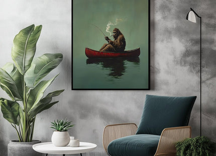 Sasquatch Canvas Wall Art Vintage Fishing Boat Wall Art Fun Bigfoot Painting In Red Canoe On Bigfoot Fishing Poster Canvas Living Room Bathroom Bedroom Print 16x24 Inch Unframed