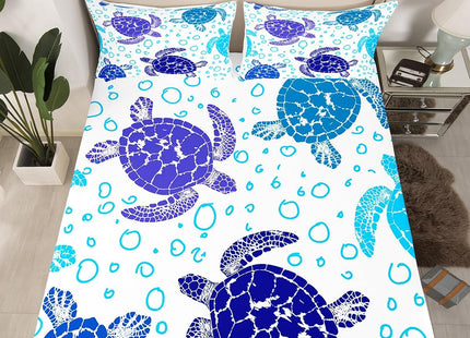 Sea Turtle Bedding Set King Kids Tortoise Fitted Sheet Underwater World Bed Sheet for Boys Girls Children Bedroom, Ocean Themed Home Decorative 4 Pcs Bedding Decor Set with 1 Flat &2 Pillowcases