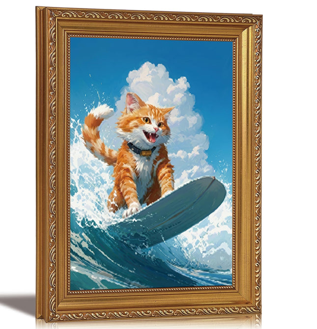 Framed Funny Coastal Surfing Cat Canvas Wall Art 9X11in