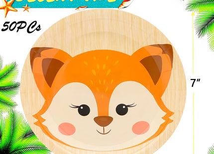 50 Pcs Fox Party Supplies Woodland Animal Fox Paper Plates 7"Fox Dessert Plates Disposable Jungle Animal Fox Plates for Fox Theme Jungle Animal Baby Shower Cartoon Fox Birthday Party Decorations(Fox)