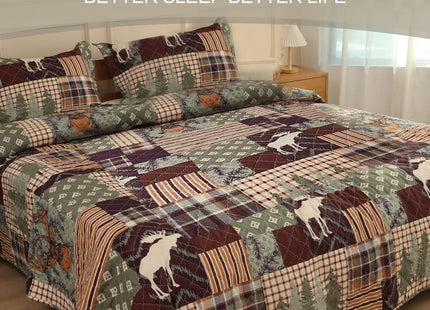 Lodge Bedding Set Twin Size Rustic Cabin Quilts Bear Forest Tree Printed Lightweight Reversible All Season Bedspread Coverlet with 2 Pillowshams