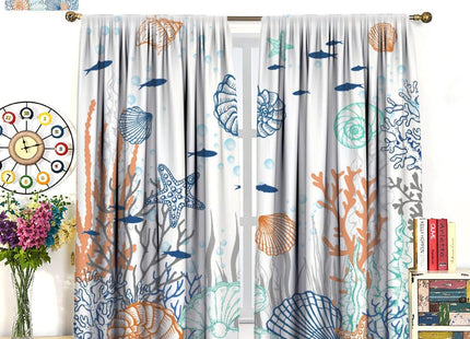 JanJCurt Nautical Coastal Curtains, Starfish Seashell Coral Beach Themed Drapes Ocean Orange Blue Teal Conch Print Window Treatments for Kitchen Living Room Bedroom, 42x45 Inch (No Blackout)
