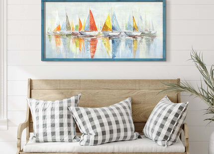 Coastal Wooden Framed Wall Art: Abstract Ocean SailBoat Picture Seascape Print Beach Painting Nautical Artwork for Bedroom 40"x20"