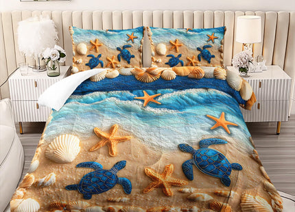 AILONEN Ocean Reef Starfish Scene Queen Bedding Set 3 Piece, Contains 1 Comforter + 2 Pillowcases, Sandy Border Coral Accents for Main Bedroom Home