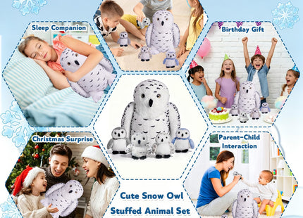 5 PCS Snowy Owl Stuffed Animal Set, 12'' Mommy Owl Plush Toy with 4 Babies
