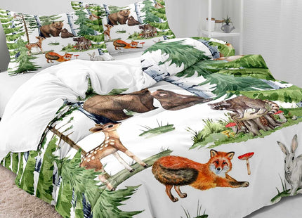 LUVIVIHOME 2PCS Deer Bear Duvet Cover Twin, Toddler Baby Boys Girls Kids Bedding Set, Cute Fox Rabbit Racoon Owl Green Forest Animals White Comforter Quilt Cover, Woodland Nursery Decor, 1 Pillow Sham