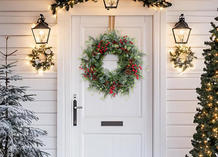 Egolot 24 Inch Christmas Eucalyptus Red Berries Wreath for Front Door, Winter Green Eucalyptus Leaves Wreath with Pine Cone for Indoor Outdoor, Xmas Wreaths Home Decor