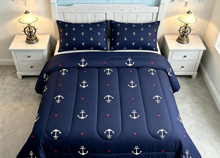 Anchor Comforter Set Full,Nautical Themed Bedding Set 3pcs for Kids Teens Boys Room Decor,Lovely Small Heart Bedding Comforter Navy Blue Microfiber Down Comforter with 2 Pillowcases